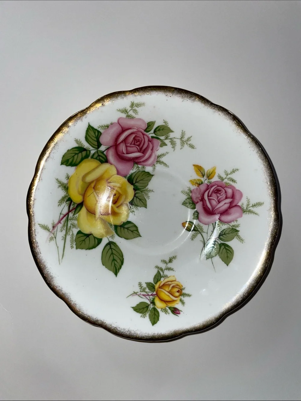 Imperial Porcelain Rose-Pattern Saucer in Pink, Yellow & Green with Gold Trim